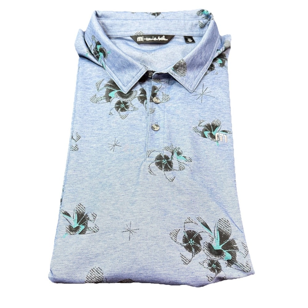 Travis Mathew Polo Shirt Mens 2XL Blue Floral Short Sleeve Golf Logo